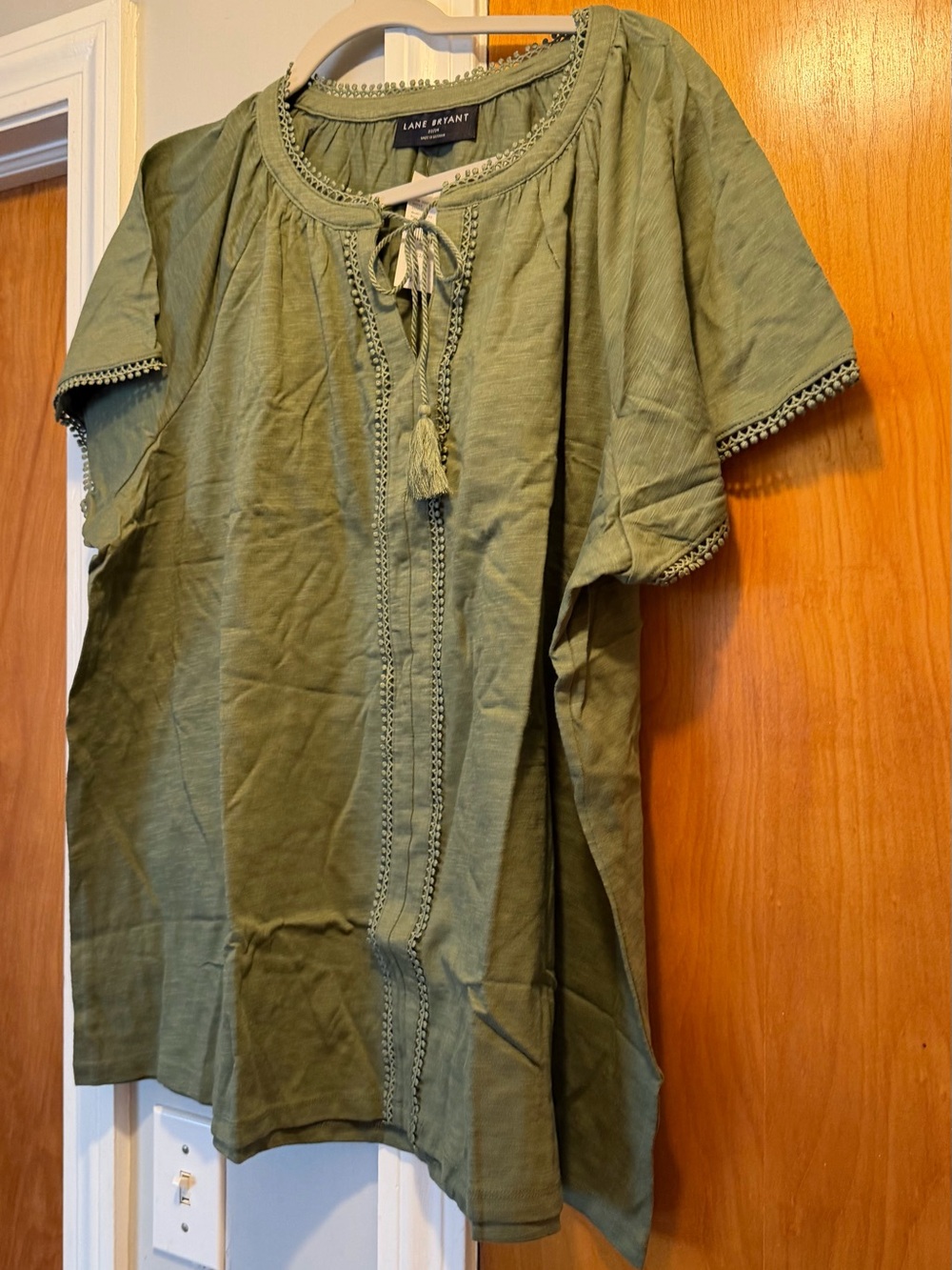 Lane Bryant Olive Green Pom-Tie Peasant Blouse
